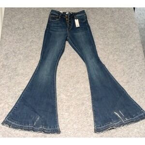 Rue 21 Super High Rise Flare Raw Hem Button Fly Dark Wash Denim Jeans 2 NWT Gift